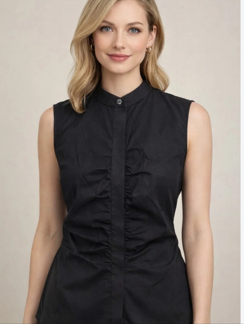 Theory Hidden Button Ruched Sleeveless Black Mandarin Collar Top Women's M